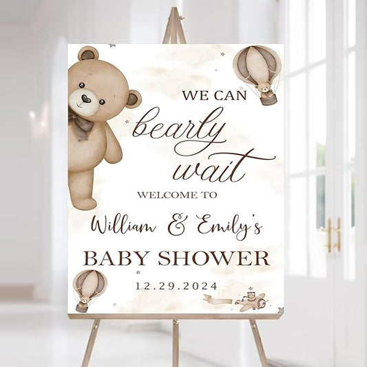 Personalized Baby Shower Welcome Sign, Teddy Bear Baby Shower Decorations, We Can Bearly Wait Baby Shower, Brown White Baby Shower Sign, Hot Air Balloon And Star Baby Shower Sign