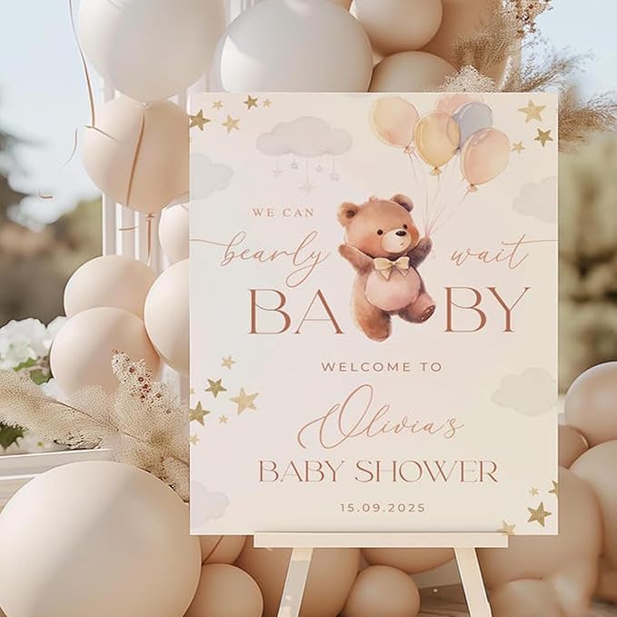 We Can Bearly Wait Baby Shower Welcome Sign, Gender Neutral Bear Balloon Baby Shower Welcome Sign, Boho Bearly Wait Cute Decor Sign #8