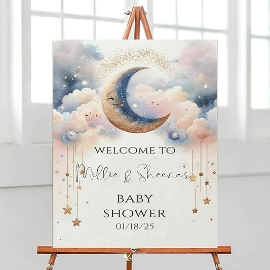 Over The Moon Baby Shower Welcome Sign, Personalized, Modern, 4mm Corrugated Plastic, Weatherproof & Fade-Resistant, Baby Shower Decorations