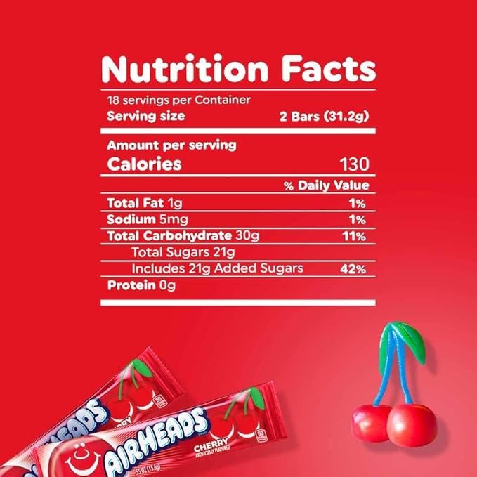 Airheads Full-Size Candy Bars, Taffy Candy Bulk Pack, Individually Wrapped, Cherry Fruit Flavor Artificially Flavored, 36 Count Box