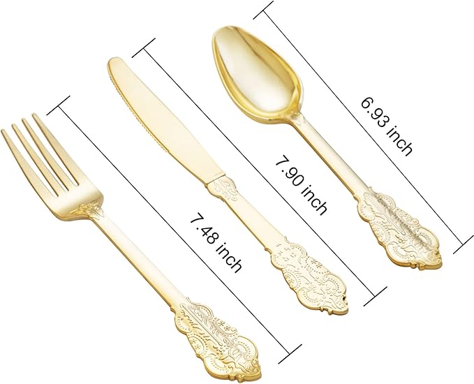 bUCLA 600 Pieces Gold Plastic Silverware - Plastic Gold Utensils - Heavyweight Disposable Cutlery - 200 Forks, 200 Spoons, 200 Knives for Party & Thanksgiving