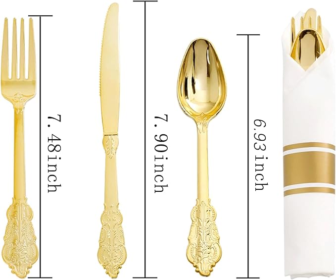 Liacere 400PCS Gold Plastic Silverware - Pre Rolled Napkins Disposable Gold Plastic Cutlery-Premium Quality Utensils-Includes 100Forks,100Knives,100Spoons,100 Napkins & Christmas & New Year