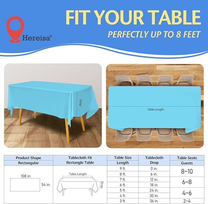 8-Count Light Blue Disposable Plastic Tablecloths Rectangle 54x108 Inch - Extra Long Waterproof Banquet Table Covers for Parties & Catering