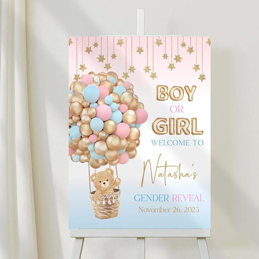 Hot Air Balloon Baby Shower, Welcome Gender Reveal Teddy Bear Party Sign, Boho Bearly Wait Cute Decor Sign #3