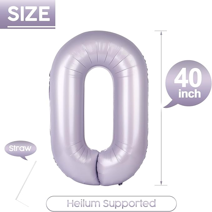 0 Balloon - Lilac Birthday Number Balloons, 40 Inch Large Foil Balloons for Men Women Boys Girls Lilac Themed Birthday Decorations