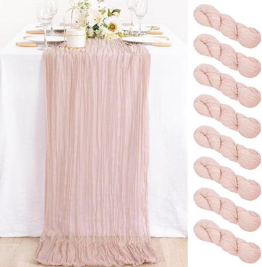 MLMC 8 Pack Pink Table Runner Boho Dusty Pink Cheesecloth Table Runner 10ft Gauze Cheese Cloth Winter Decor 35x120 Inches for Wedding Bridal Baby Shower Birthday Party Decor