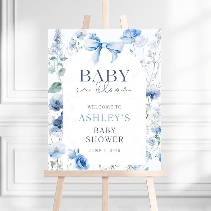 Baby in bloom Welcome sign Wildflower Dusty Blue, Printable Blue Arch Bow Baby shower, Floral Baby in Bloom baby shower