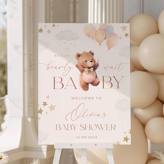 We Can Bearly Wait Baby Shower Welcome Sign, Gender Neutral Bear Balloon Baby Shower Welcome Sign, Boho Bearly Wait Cute Decor Sign #8