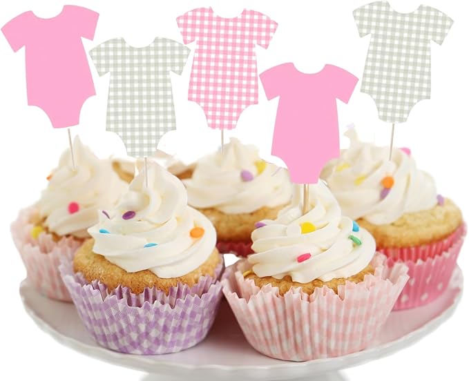 ALISSAR 36 Pcs Pink Gingham Cupcake Toppers - Baby Shower Decorations for Girls, Bodysuit & Cupcake Toppers, Diaper Cake Decor, Gender Reveal Party Supplies