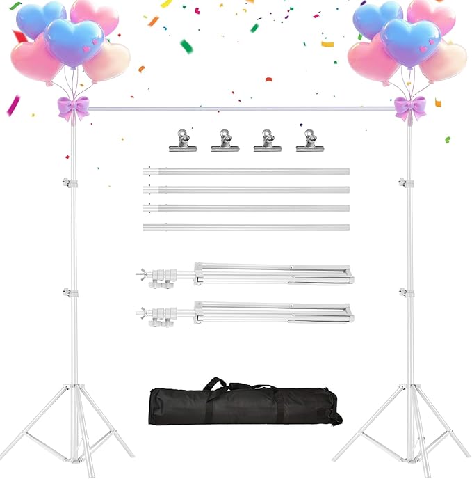 iMounTEK Backdrop Stand Photo Video Studio, 10Ft Wide Adjustable Backdrop Stand, Background Support System Kit with Clamps Carry Bag for Photography/Wedding/Party Decoration(White)