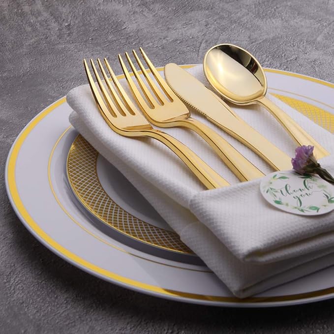 Nervure 300 Piece Gold Plastic Silverware Set - Heavyweight Gold Plastic Cutlery - Disposable Utensil Include 150 Forks, 75 Knives, 75 Spoons Perfect for Parties & Wedding & Party