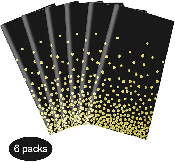 Gexolenu 6 Pack Black and Gold Tablecloth for Rectangle Tables, Plastic Disposable Dot Confetti Party Table Covers for Birthday, Graduation, New Year Party, Anniversary, 54" x 108"
