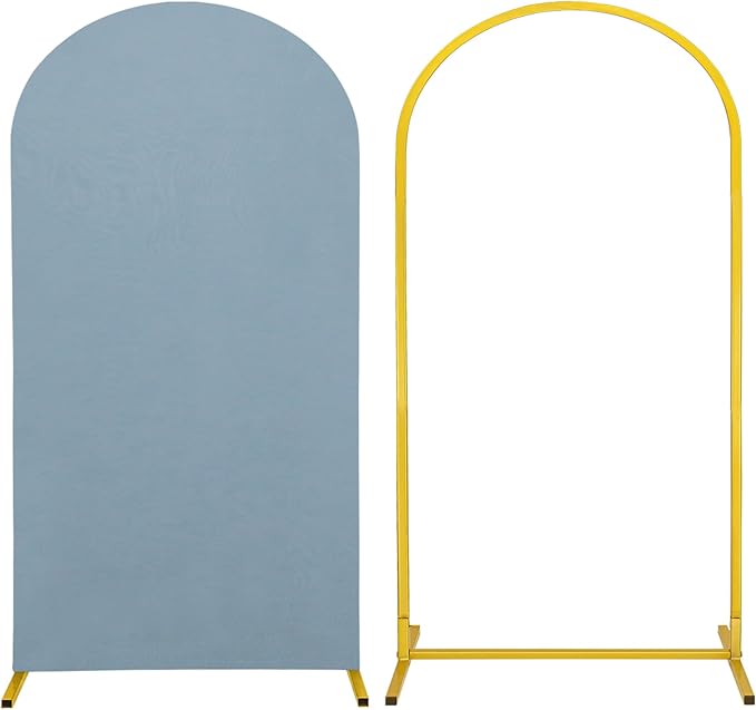 Metal Arch Stand and Cover Set,1 Dusty Blue Spandex Fitted Backdrop with 1 Gold Wedding Arched Stand Frame for Parties Birthday Baby Shower Bridal Banquet Decoration (6.6FT)