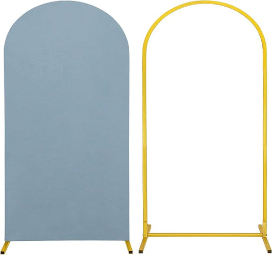 Metal Arch Stand and Cover Set,1 Dusty Blue Spandex Fitted Backdrop with 1 Gold Wedding Arched Stand Frame for Parties Birthday Baby Shower Bridal Banquet Decoration (6.6FT)