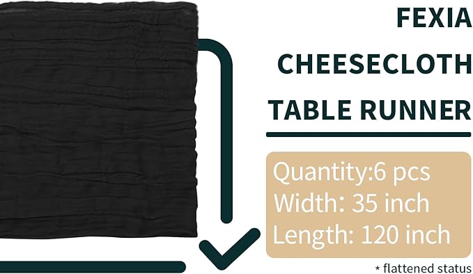 FEXIA 6 Pack Black Table Runner 35x120 Inches Gauze Rustic Farmhouse Gothic Decor for Halloween Thanksgiving First Communion Centerpiece Table Decorations (Black)