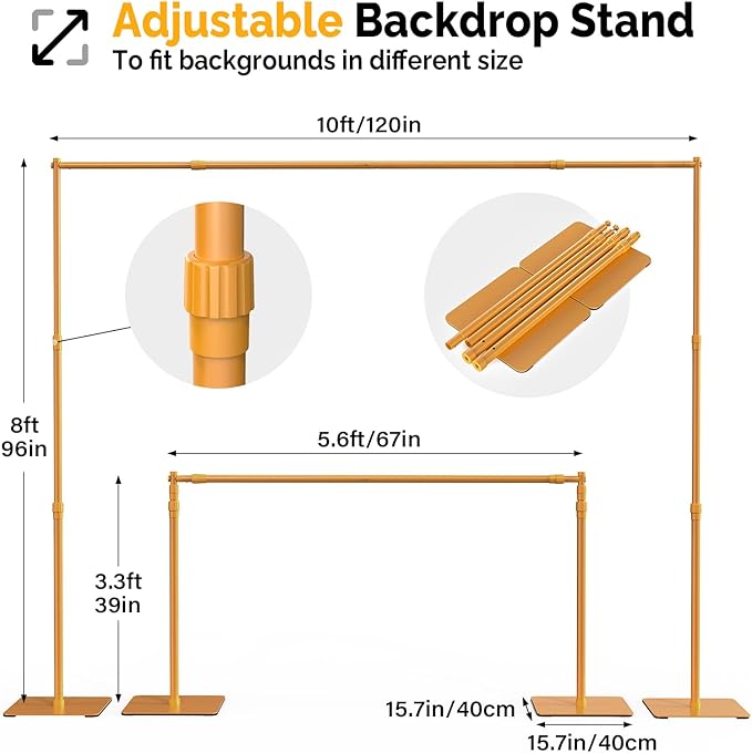 Backdrop Stand, 8x10 ft Adjustable Photo Backdrop Stand Kit, Heavy Duty Background Stand with Steel Base for Photography, Baby Shower, Birthday Parties, Wedding (Golden)