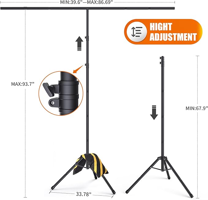 Portable T-Shape Backdrop Stand Support Kit 8x7.2ft, Adjustable Photography Green Screen Backdrop Stand for Parties, Photography Videography Studio (8×7.2Ft)