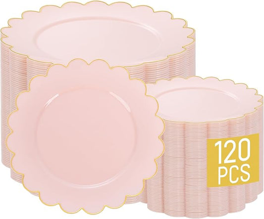 LIYH 120 Pcs Pink Plastic Plates Disposable - Pink Disposable Plastic Plates Set for Party Includes 60 Dinner Plate 10.25" & 60 Dessert Plate 7.5" Elegant Gold Rim for Party Birthday