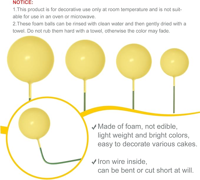 NEBURORA 64 Pcs Balls Cake Toppers and Leaves Decoration Set Mini Balloons for Cake Decorating Supplies Balls Cake decorations for Baby Shower Cake Toppers Birthday Cake Decorations (Yellow Gold)