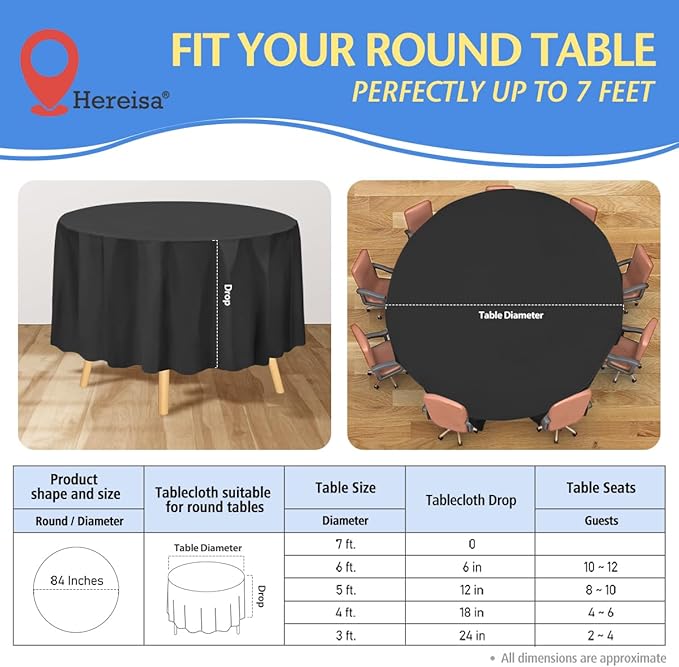8-Pack Black Disposable Plastic Tablecloths Round 84 Inch Diameter - Heavy Duty Waterproof Party Table Covers for Weddings, Banquets & Events