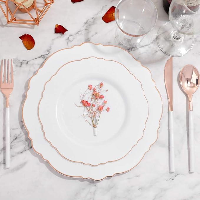 WDF 90Pieces Rose Gold Plastic Silverware - Rose Gold Plastic Cutlery with White Handle- Heavy Duty Disposable Silverware Include 30Forks, 30 Spoons, 30 Knives for Valentines Day, Wedding, Party