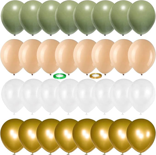 Balloons Green Gold, 60 Packs 12 Inch Retro Sage Green Gold Metallic Balloon, Olive Green White Latex Balloons for Wedding, Birthday, Baby Shower, Safari Jungle Party, Anniversary Decorations