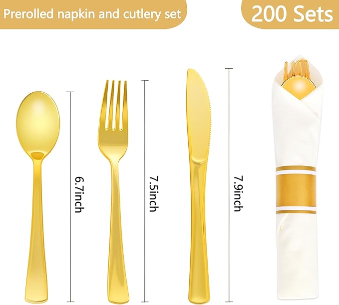 200 Pack Pre Rolled Gold Plastic Silverware Set,Wrapped Plastic Cutlery Set with Napkin Include 200 Forks,200 Spoons,200 Knives and 200 White Napkins for Party,Wedding,Christmas