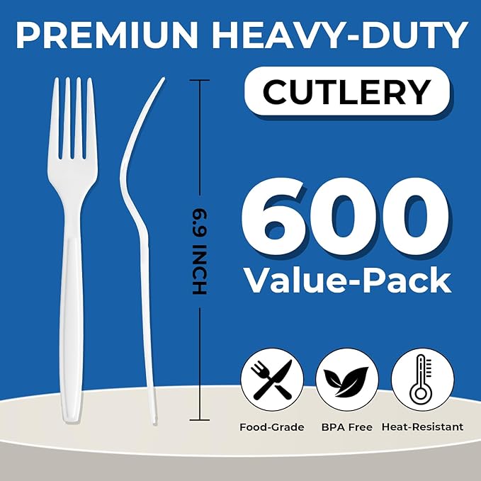 600Pack Disposable Plastic Forks Bulk White Heavy Duty Silverware - Value Pack Cutlery Set For Parties, Restaurant (600FORKS)