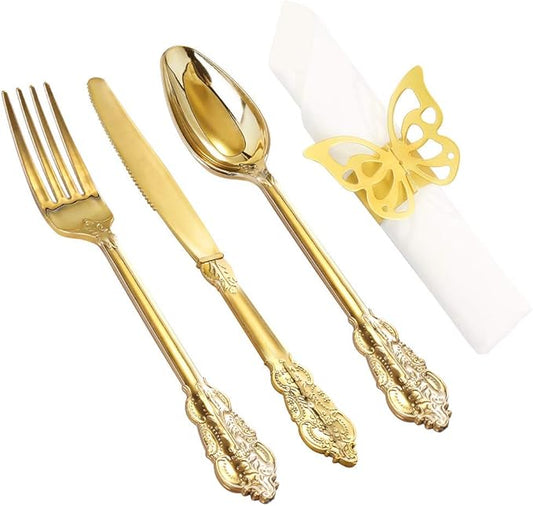 Nervure 200PCS Gold Plastic Silverware Set- Disposable Flatware - Disposable Gold Plastic Cutlery for Party- Includes 50 Forks,50 Spoons,50 Knives,50 Napkins,50 Butterfly Clasp