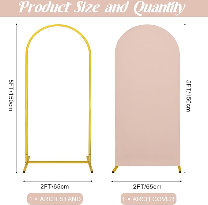 Metal Arch Stand and Cover Set,1 Nude Spandex Fitted Backdrop with 1 Gold Wedding Arched Stand Frame for Parties Birthday Baby Shower Bridal Banquet Decoration (5FT)