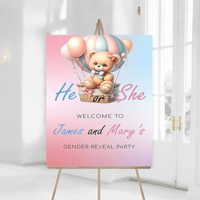 Baby Girl Welcome Signs, Bear Theme For Gender Reveal Ceremony, Teddy Bear Themed Gender Reveal Decorations, Gender Reveal Sign, Hot Air Balloon Theme For Girls