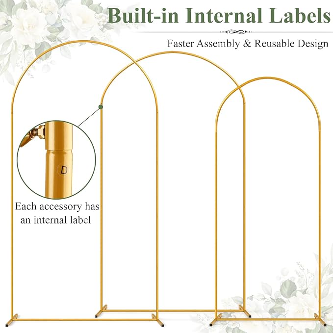 Tamodan 3 Pack Metal Wedding Arch (7.2ft+6.6ft+6ft) - Tool-Free Assembly | Photo Booth Backdrop for Outdoor Weddings, Engagement Shoots, Baby Showers, Balloon Arch (Incl. Ground Stakes)