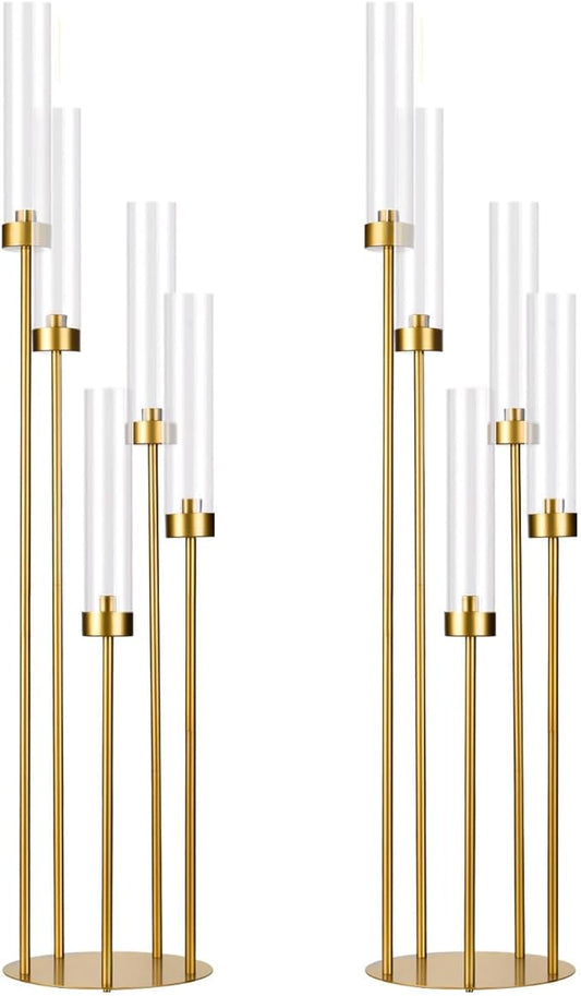 2PCS Gold Floor Candelabra,5 Arm Candle Holder Tall Floor Candle Holder with Acrylic Lampshade for Wedding Table Birthday Party Home Decoration Fit LED Taper Candles