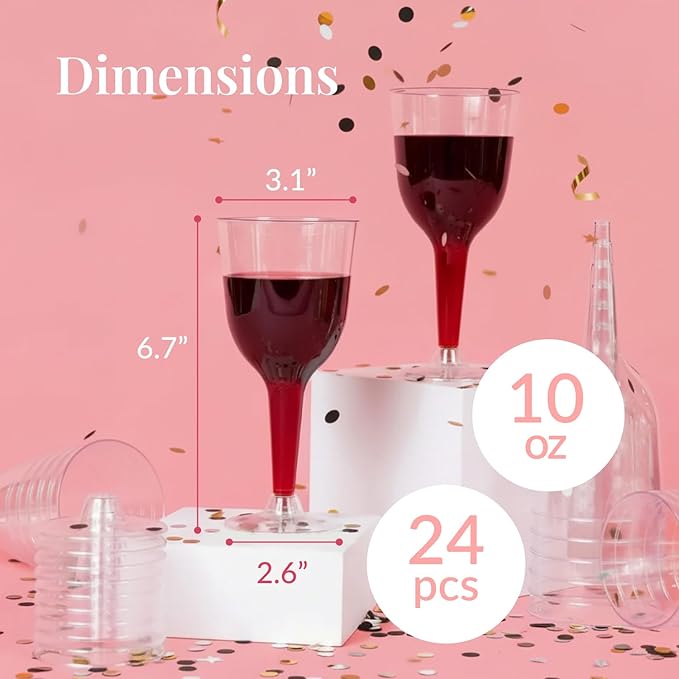 Prestee 24 Clear Stemmed Plastic Wine Glasses - 10 oz Disposable Wine Glasses for Parties - Plastic Wine Cups with Stem for Weddings, Wine Tasting, Patio Gatherings, and Elegant Party Supplies