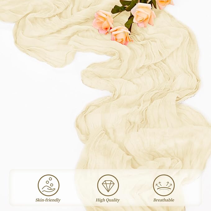 10FT 12 Pack Beige Cheesecloth Table Runner 20 x 120 Inch Long Rustic Gauze Fabric Cheese Cloth Table Runner for Wedding Bridal Baby Shower Table Decorations Boho Sheer Birthday Party Table Decor