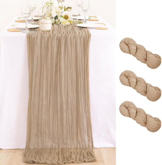 MLMC 3 Pack Nude Cheesecloth Table Runner 10ft Boho Rustic Gauze Taupe Cheese Cloth Table Runner Neutral Decor 35x120 Inches for Wedding Reception Outdoor Party Decor