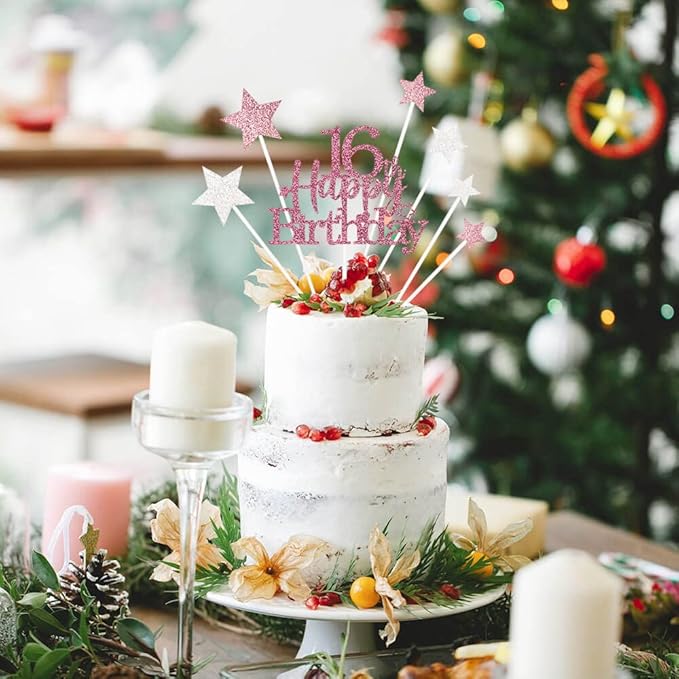 Glittery 16th Happy Birthday Cake Topper with Star,Personalised 16 Birthday Cake Toppers Party Decorations Party Supplies for Boys Girls Rose Gold