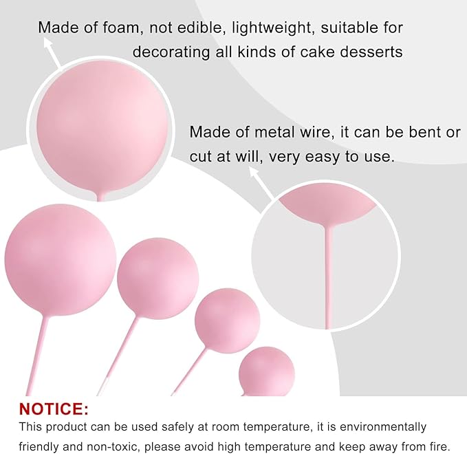 ASTARON 32 Pcs Ball Cake Topper Decorations Mini Balloons Cake Topper Sticks Foam Balls Cake Picks Cake Topper Balls Cake Decorations for Wedding Party Birthday Cake Decorating (Pink Gold)