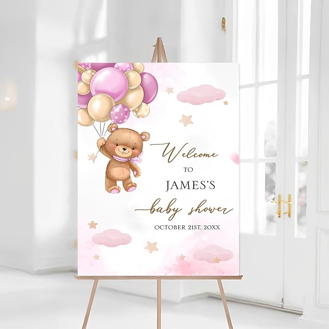 Balloons Bear Baby Shower Sign, Baby Shower Poster Sign, Baby Shower Welcome Sign With Stand, Baby Banner For Baby Shower, Baby Shower Backdrop For Girl