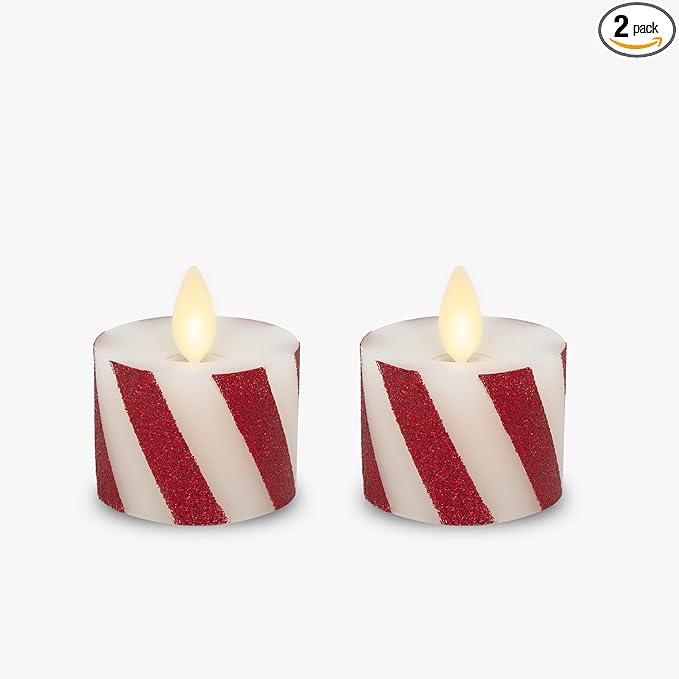 Luminara 2-Pack Moving Flame LED Flameless Tealight (1.4" x 2") Battery Operated Plastic LED Flameless Tea Light Smooth (Candy Cane Red)