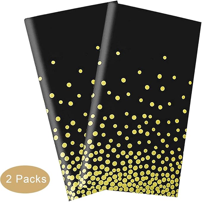 Gexolenu 2 Pack Premium Black and Gold Disposable Plastic Tablecloth for Rectangle Tables(54" x 108"), Disposable Waterproof Table Cover for Birthday, Graduation, Gold Table Cloths Party Supplies
