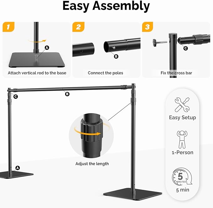 Backdrop Stand, 8x10 ft Adjustable Photo Backdrop Stand Kit, Heavy Duty Background Stand with Steel Base for Photography, Baby Shower, Birthday Parties, Wedding