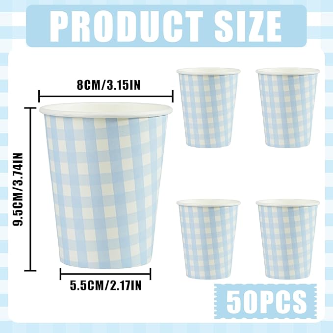 50 Pieces 8 oz Gingham Paper Cups, Disposable Gingham Cups, Checkered Cup for Hot Cold Beverage Birthday Party Supplies Decorations (Blue)