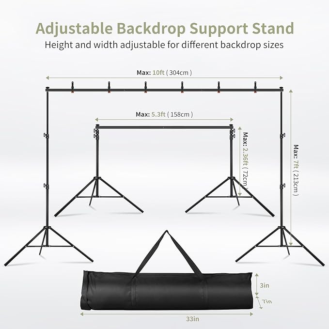 Backdrop Stand 10x7ft(WxH) Photo Studio Adjustable Backdrop Stand Kit Photography Backdrops with 4 Crossbars, 6 Clamps, 4 Spring Clip, 2 Sandbags and Carry Bag for Parties/Wedding/Photography