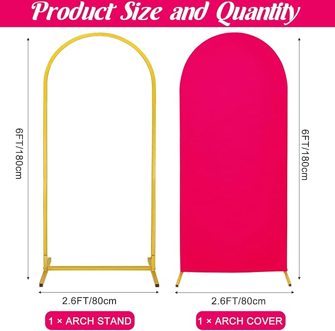 Metal Arch Stand and Cover Set,1 Fushia Spandex Fitted Backdrop with 1 Gold Wedding Arched Stand Frame for Parties Birthday Baby Shower Bridal Banquet Decoration (6FT)