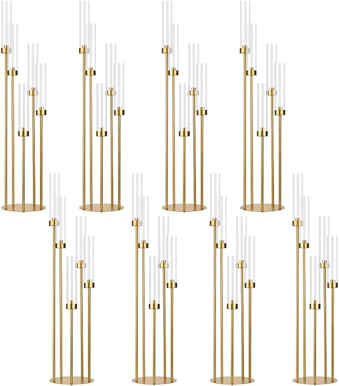 39.4'' Tall Gold Floor Candelabra，Set of 8PCS 5 Arm Candle Holder Tall Floor Candle Holder with Acrylic Lampshade for Wedding Table Birthday Party Home Decoration Fit LED Taper Candles