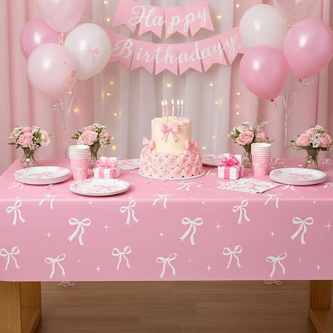 Oigco 2 Pcs Pink Bow Tablecloth, Coquette Birthday Decorations, Bow Plastic Table Cover for Girls Bridal Wedding Pink Bow Birthday Decorations, 54x108 Inch