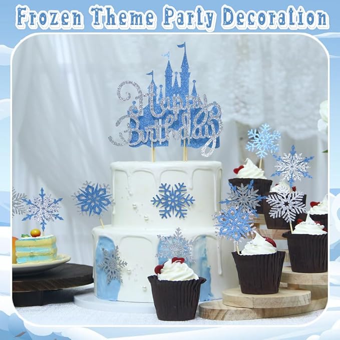 26Pcs Ice Castle Cake Toppers Double Layer Silver Blue Snowflake Cupcake Toppers Winter Wonderland Cake Decorations for Princess Happy Birthday Baby Shower Party Supplies