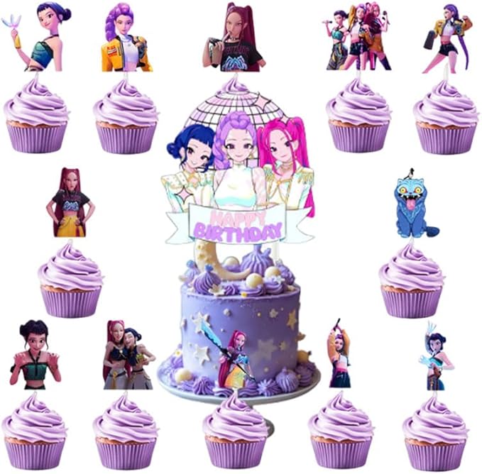 Cute Cartoon Happy Birthday Cake Toppers Set with 24Pcs Cupcake Toppers, 1Pcs Happy Birthday Cake Topper, Movies Themed Birthday Party Supplies, Perfect for Party Decorations
