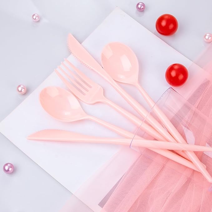 Supernal 180pcs Pink Plastic Silverware Heavy Duty Pink Party Disposable Cutlery Plastic Forks and Spoons Disposable Utensils Include 60 Forks,60 Knvies,60 Spoons for Wedding,Party or Daily Using